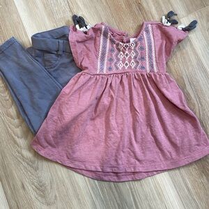 Pink Embroidered Top and Gray Leggings Set